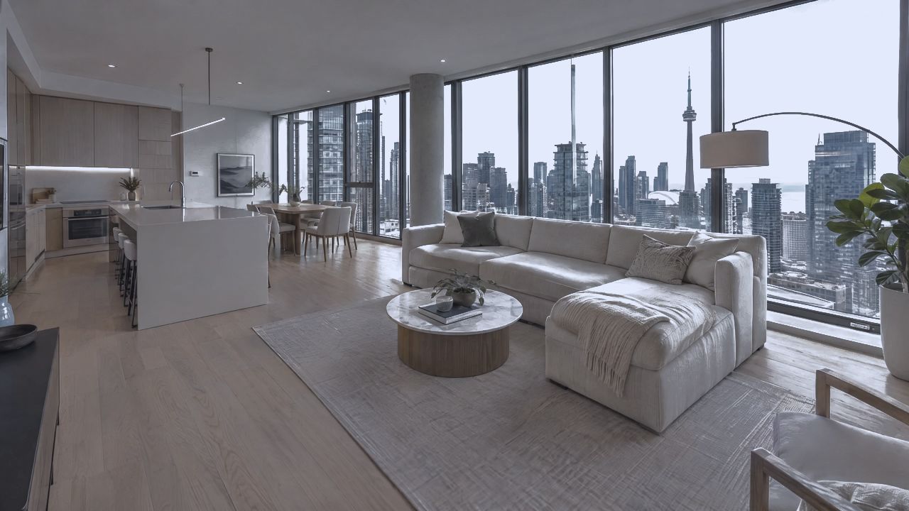 Original listing photo of a downtown condo living room with skyline windows
