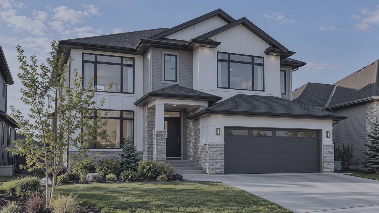 Original listing photo of a two-storey family home with a double garage